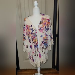 Umgee Kimono Colorful  Floral Open Cardigan Fringe Beachy Boho Women's SZ Large